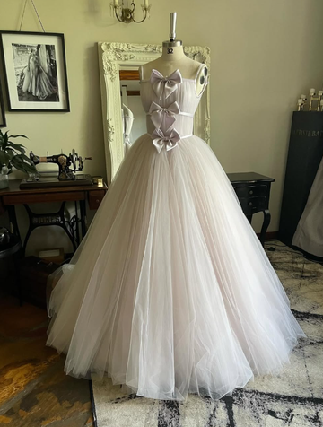 Stunning A Line Spaghetti Strap Bow Light Purple Tulle Long Party Dress Evening Dress HZ1023